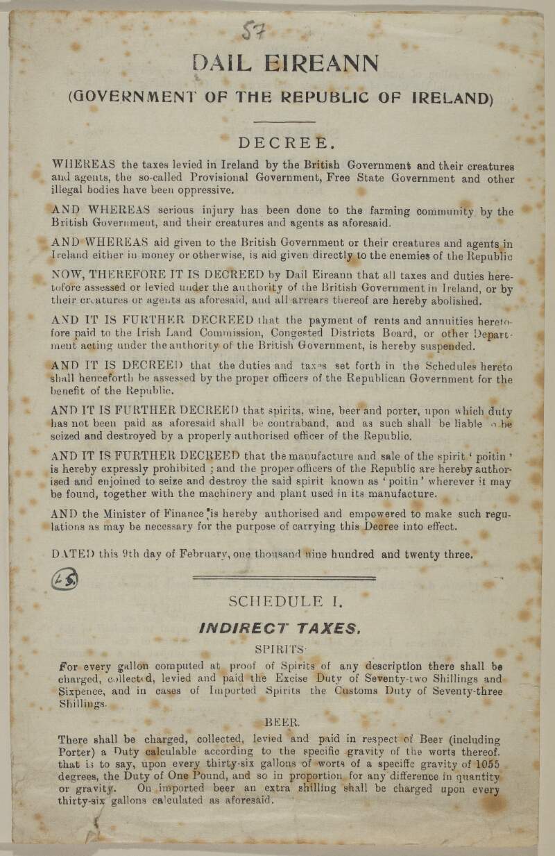 Decree [abolishing taxes and other monies payable to the Free State and imposing a new scale of indirect and direct taxes]