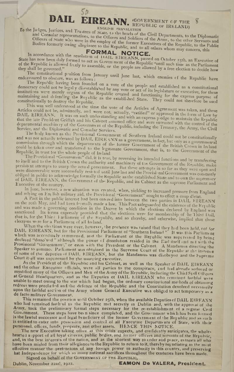 Formal Notice [calling upon all state employees for their allegiance and justifying the position of the Republican Dáil as against that of The Free State]