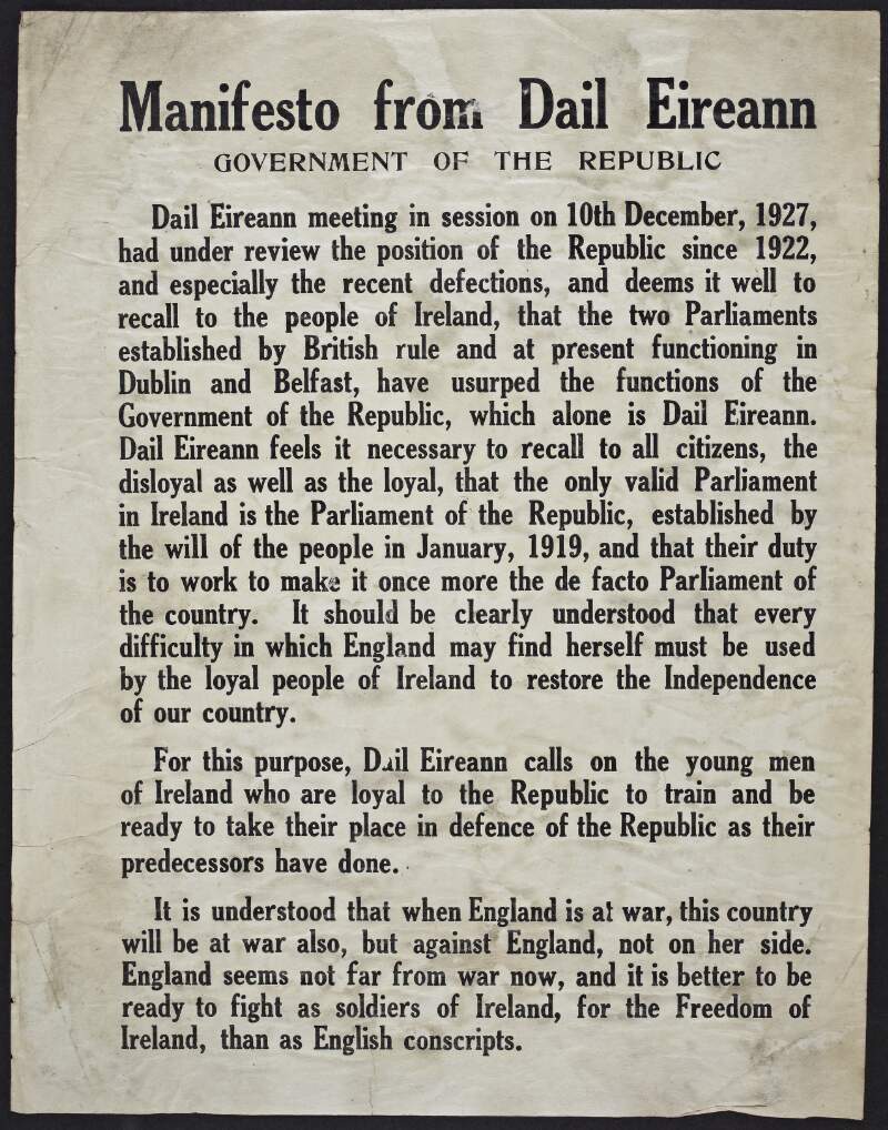 Manifesto from Dáil Eireann Government of the Republic : Dail Eireann meeting in session on 10th December, 1927... /