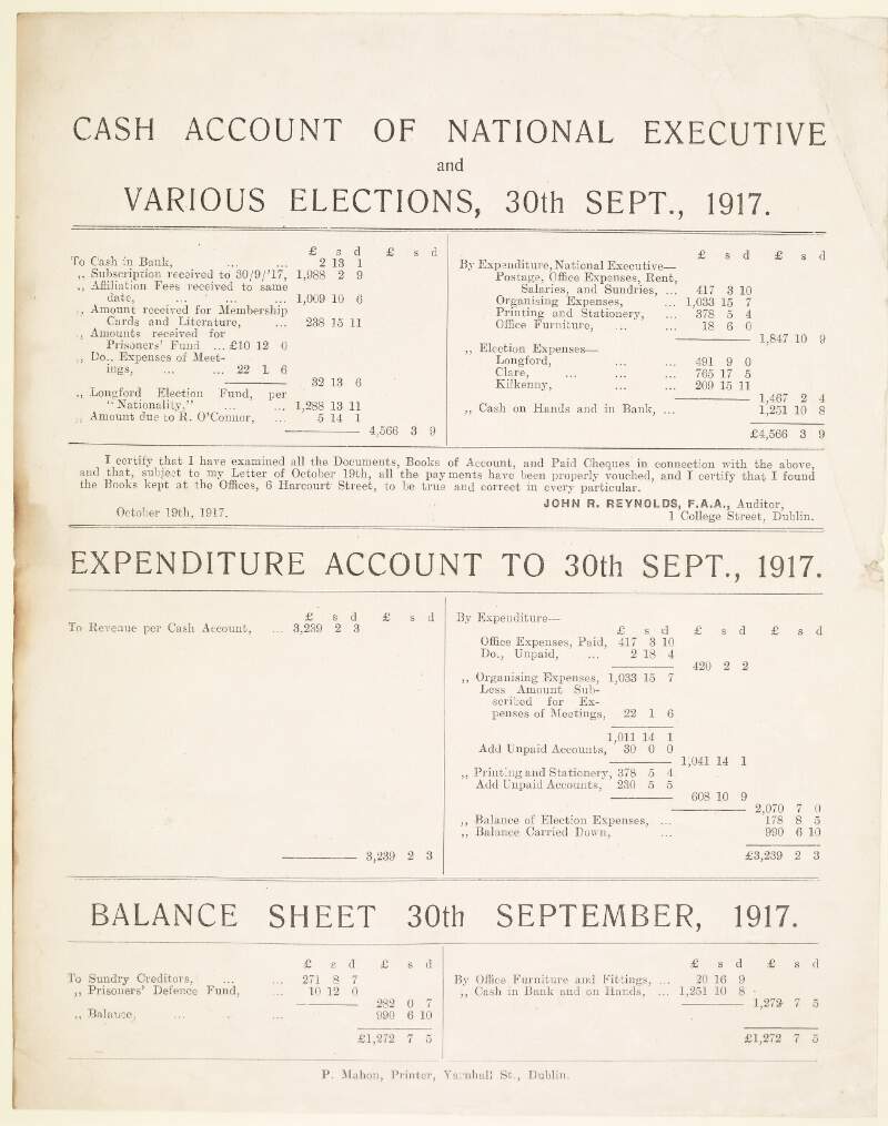 Cash account of National Executive and various elections, 30th Sept., 1917 /