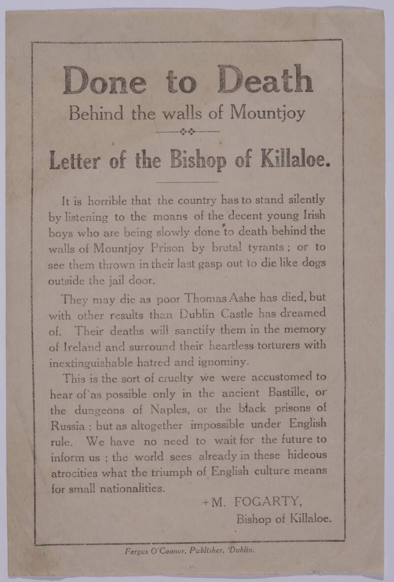 Done to death behind the walls of Mountjoy : letter of the Bishop of Killaloe /