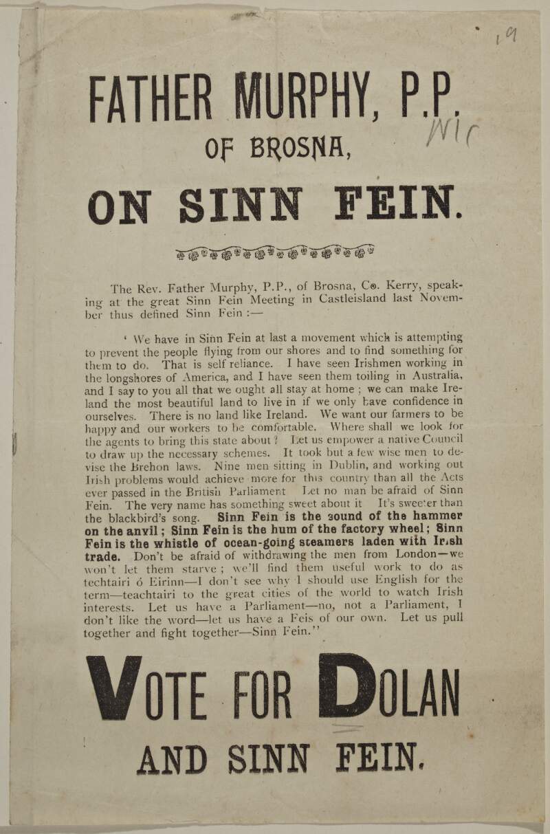 Father Murphy, P.P. of Brosna, Co. Kerry on Sinn Fein ... Vote for Dolan and Sinn Fein.