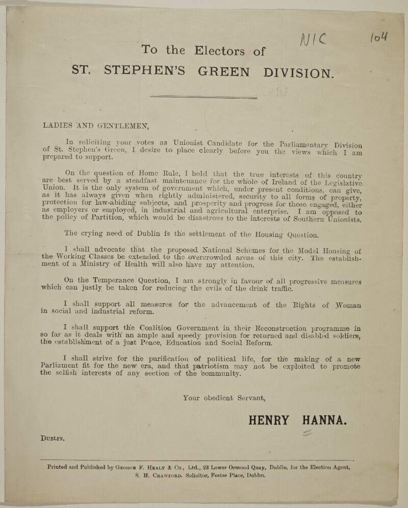 To the electors of St. Stephen's Green Division.