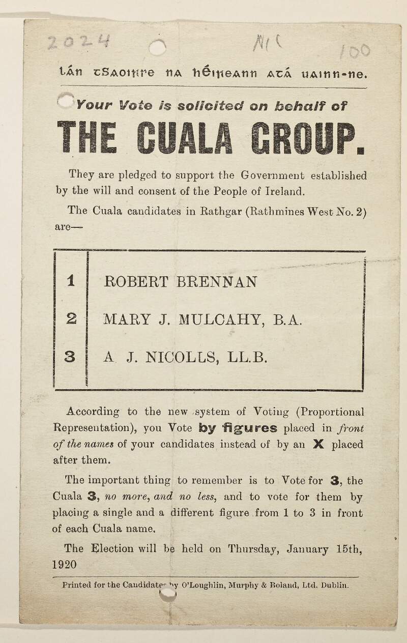 Your vote is solicited on behalf of the Cuala group ... Robert Brennan, Mary J. Mulcahy, A.J. Nicolls [Rathmines West no. 2 constituency, Election Jan. 15, 1920]
