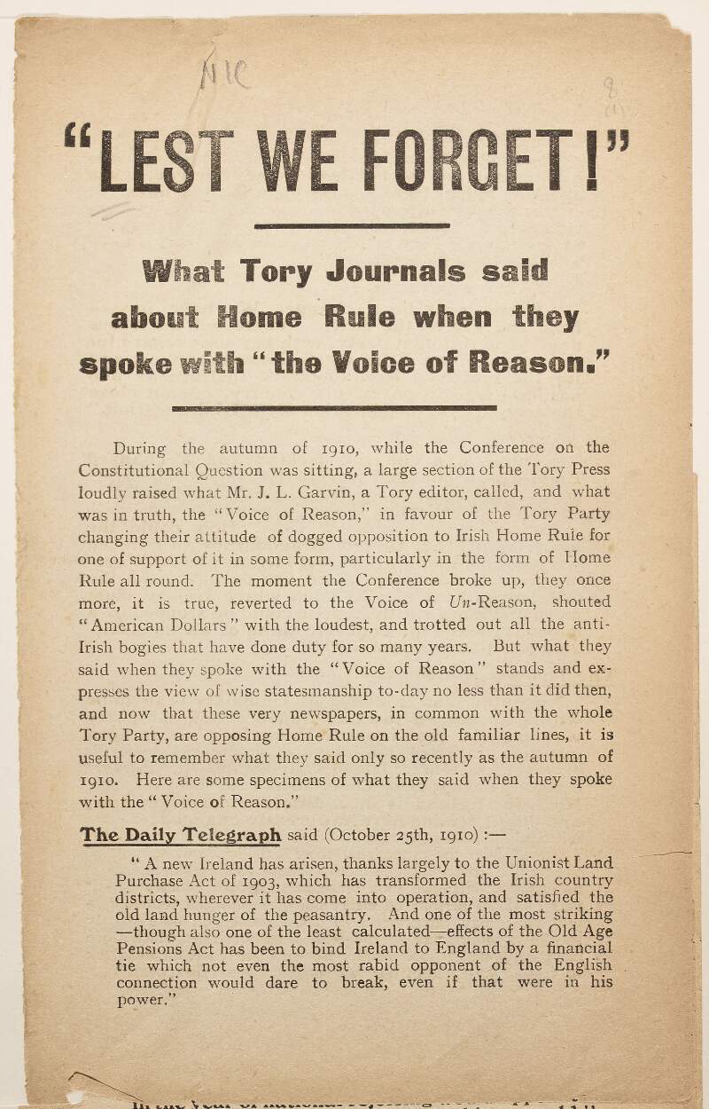 "Lest we Forget!" What Tory journals said about Home Rule when they spoke with "The Voice of Reason".