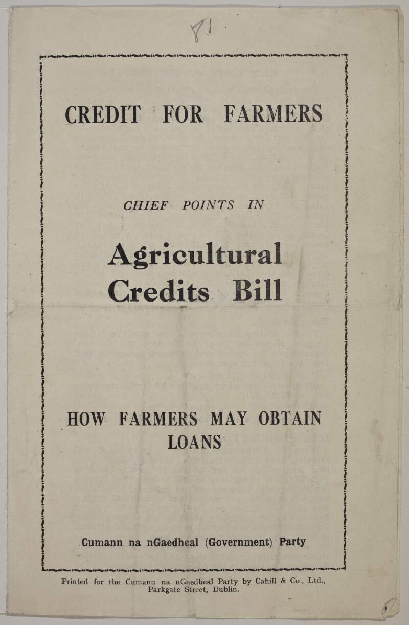 Credit for farmers. Chief points in Agricultural Credits Bill. How farmers may obtain loans.