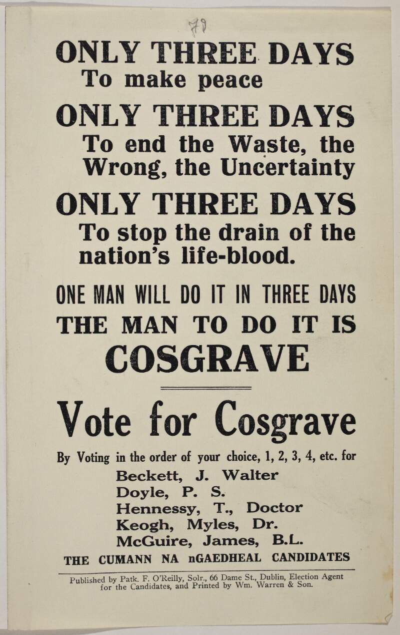 Only three days to make peace ... Vote for Cosgrave ...