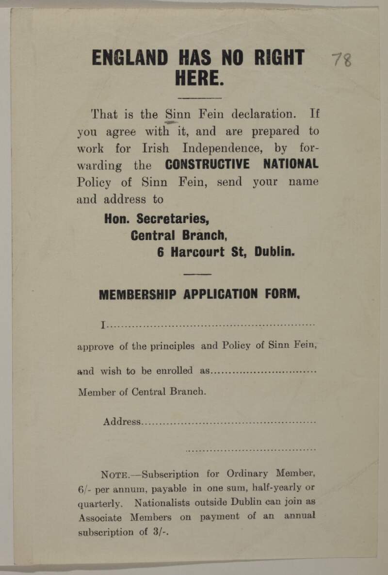 England has no right here. That is the Sinn Féin declaration ...] Membership application form and rates of suscription]