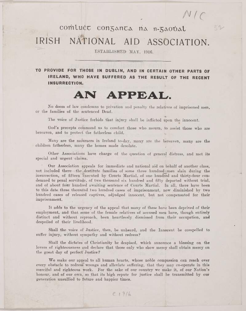 To provide for those in Dublin, and in certain other parts of Ireland, who have suffered as the result of the recent insurrection. An appeal ...