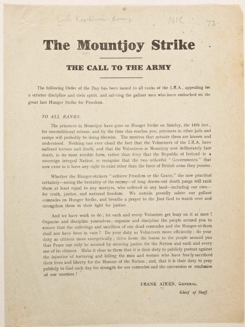 The Mountjoy strike. The call to the Army.