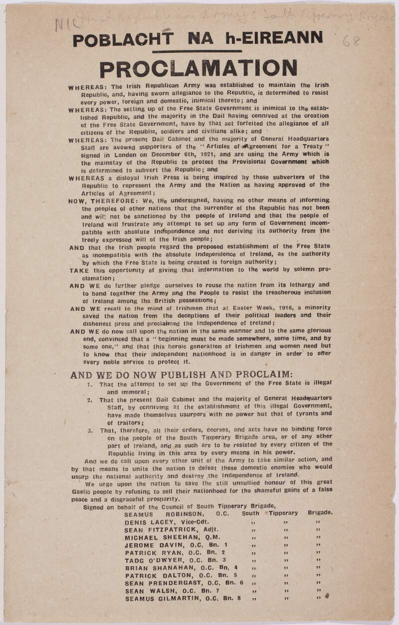 Poblacht na h-Eireann. Proclamation [explaining the reasons why the Brigade feel impelled to take up arms against the Government]