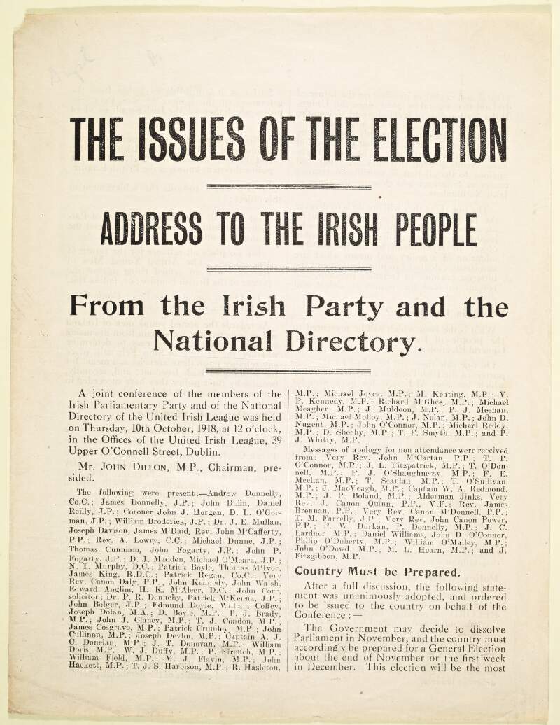 The issues of the election address to the Irish people from the Irish Party and the National Directory /