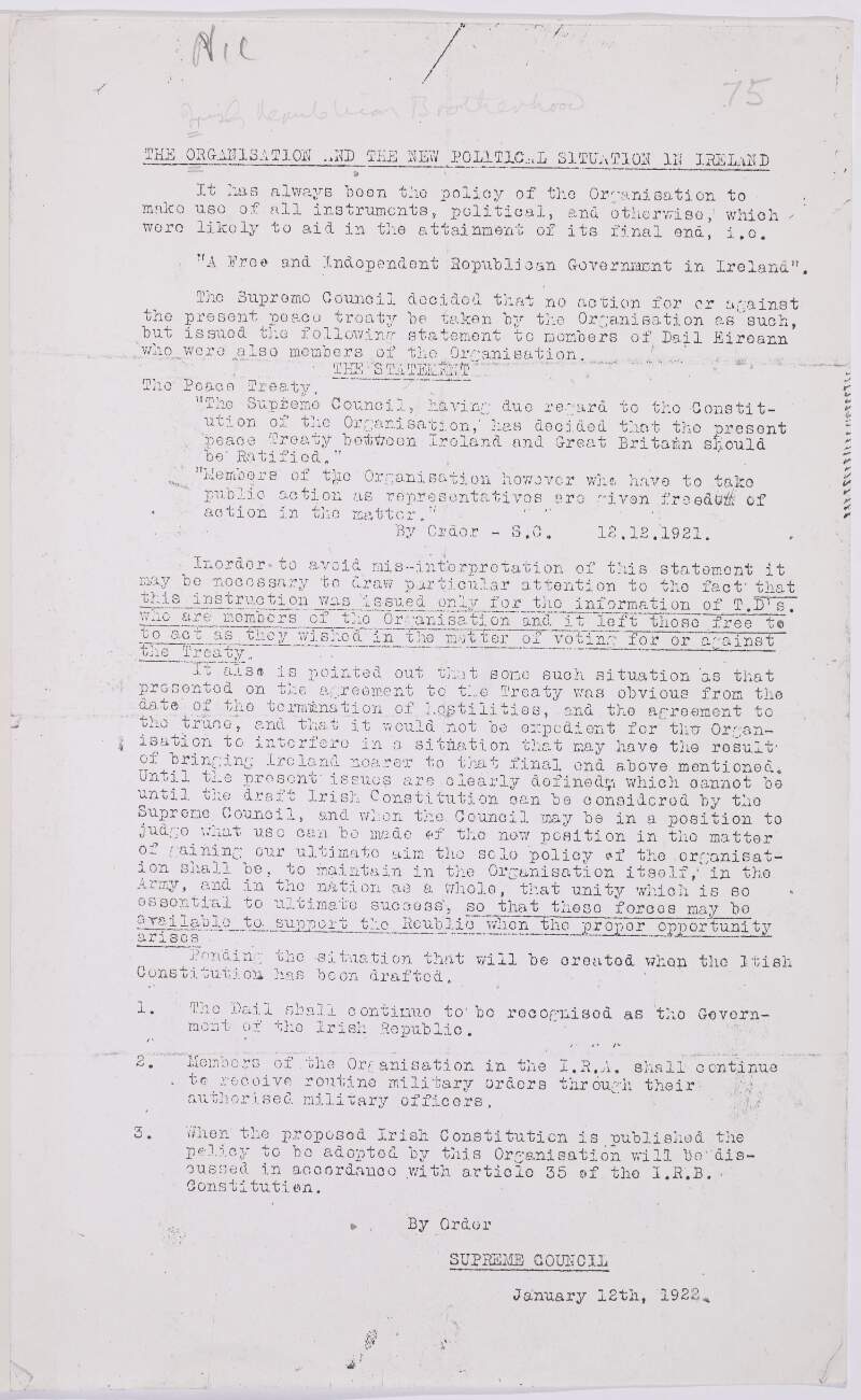 The organisation and the new political situation in Ireland. [Leaflet on the Brotherhood's policy towards acceptance or rejection of the Treaty by its members]