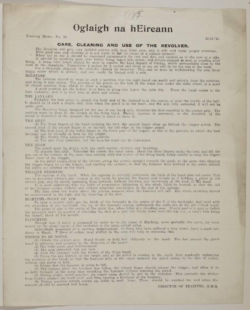 Training memo. 23rd. November, 1921. Care, cleaning and use of the revolver.