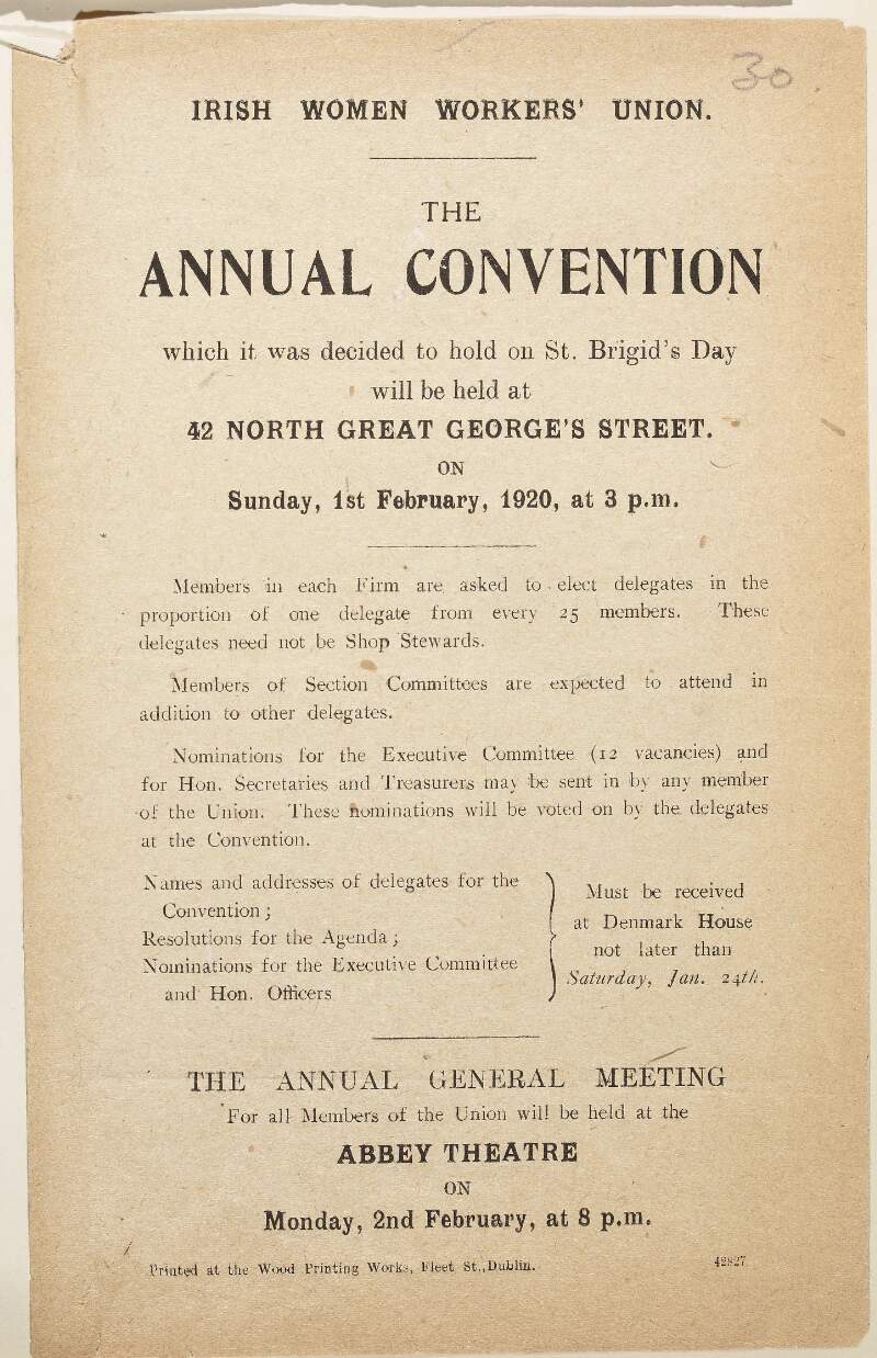 The Annual Convention [to be held] on Sunday, 1st February, 1920. Annual General Meeting on Mon. 2nd Feb.
