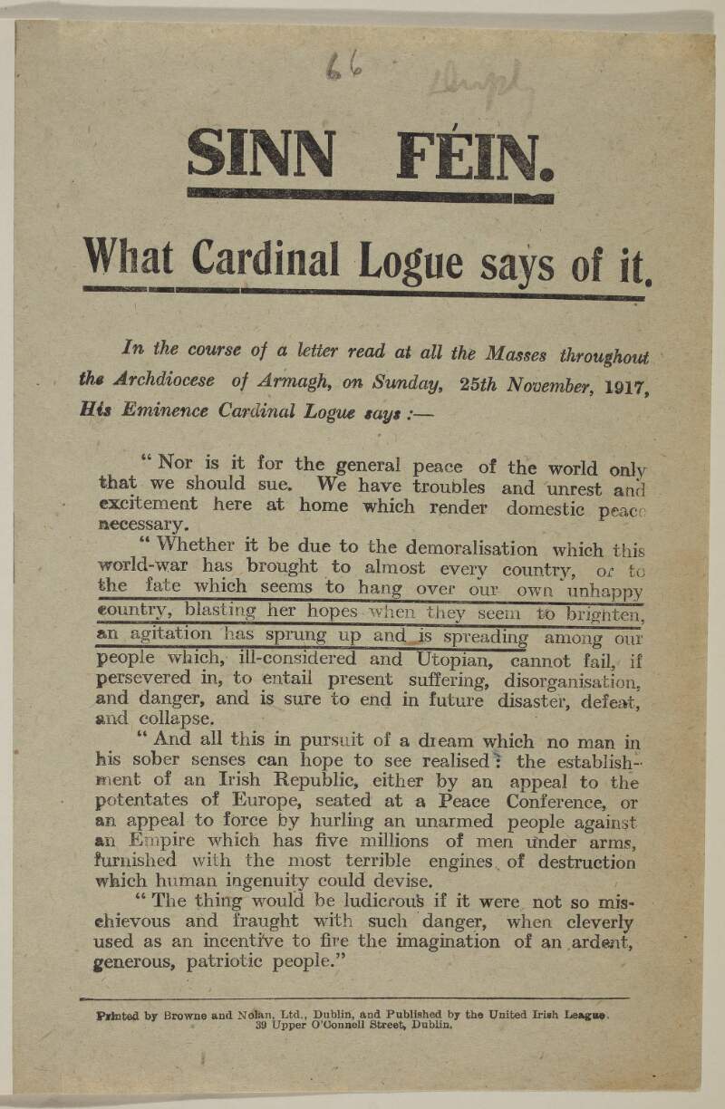Sinn Fein. What Cardinal Logue says of it.