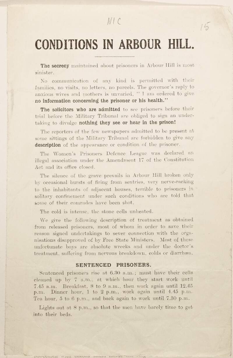 Conditions in Arbour Hill. [A denunciation of Free State treatment of political prisoners]