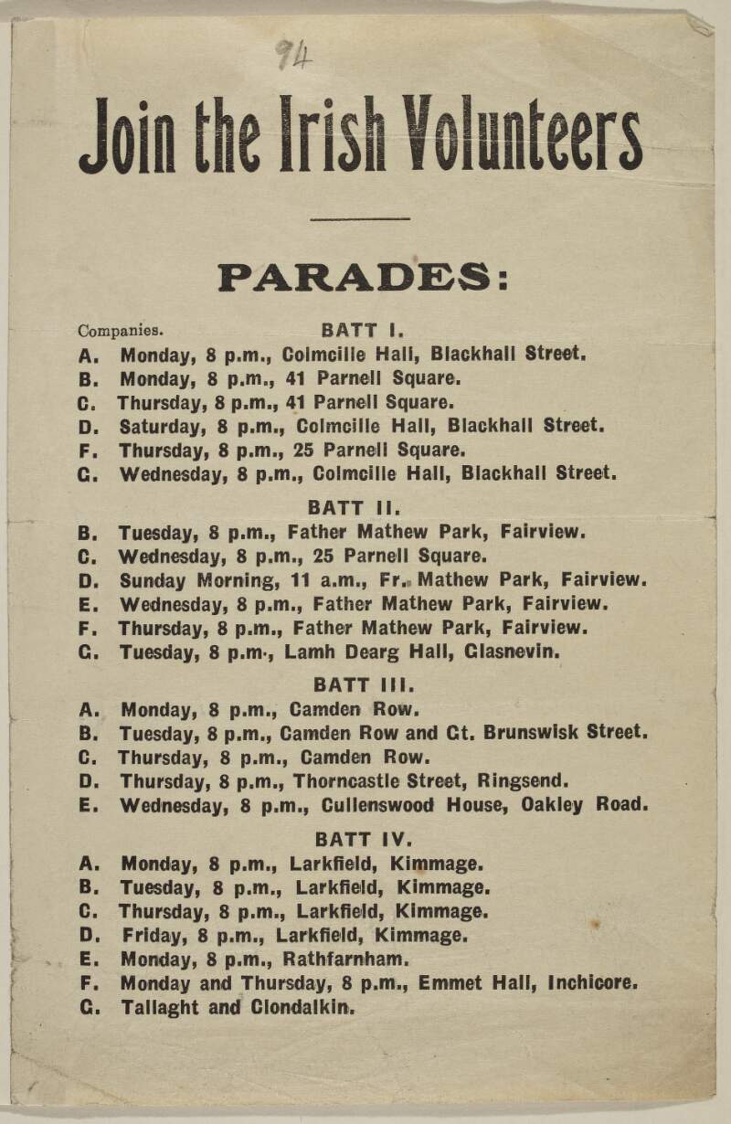 Join the Irish Volunteers: Parades. Battallions I, II, III, IV.
