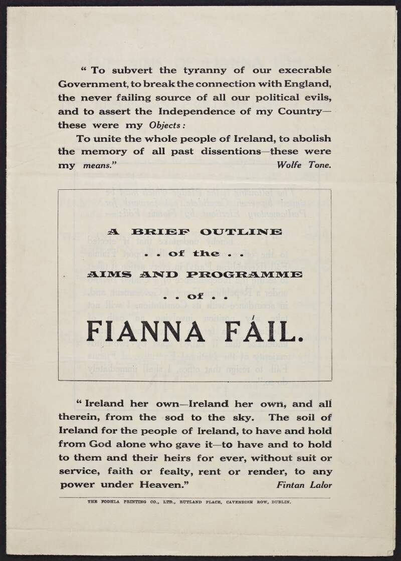 A brief outline of the aims and programme of Fianna Fáil /