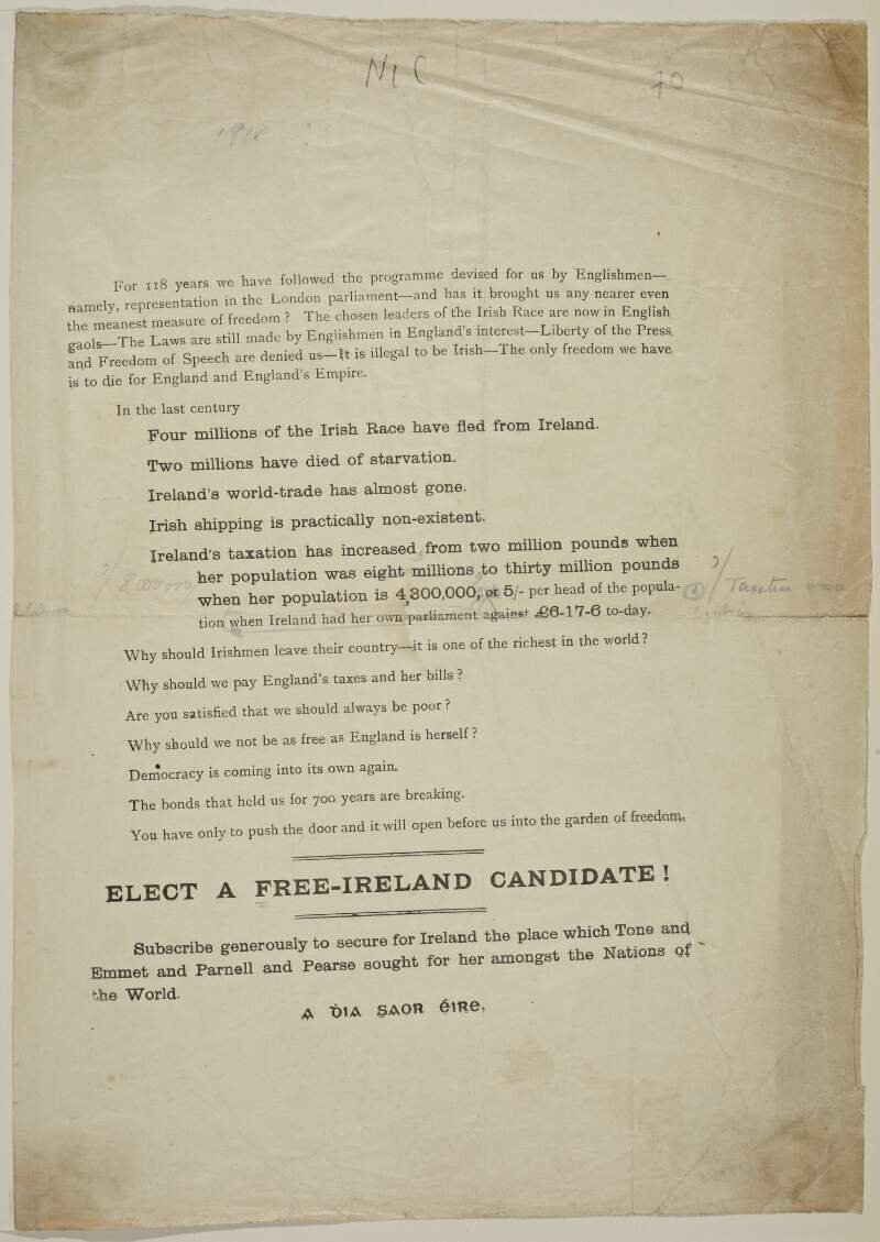 For 118 years we have followed the programme devised for us by Englishmen-namely representation in the London parliament ... Elect a Free-Ireland candidate! ...