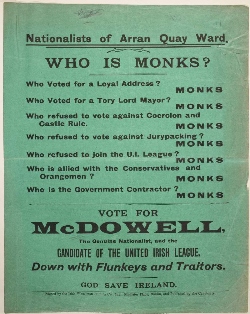 Nationalists of Arran Quay Ward. Who is Monks.