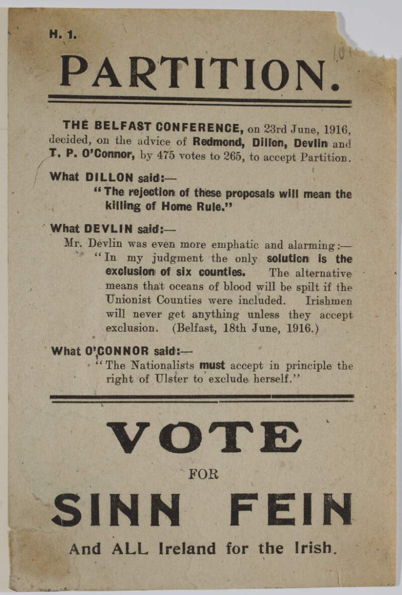 Partition ... Vote for Sinn Fein and all Ireland for the Irish.