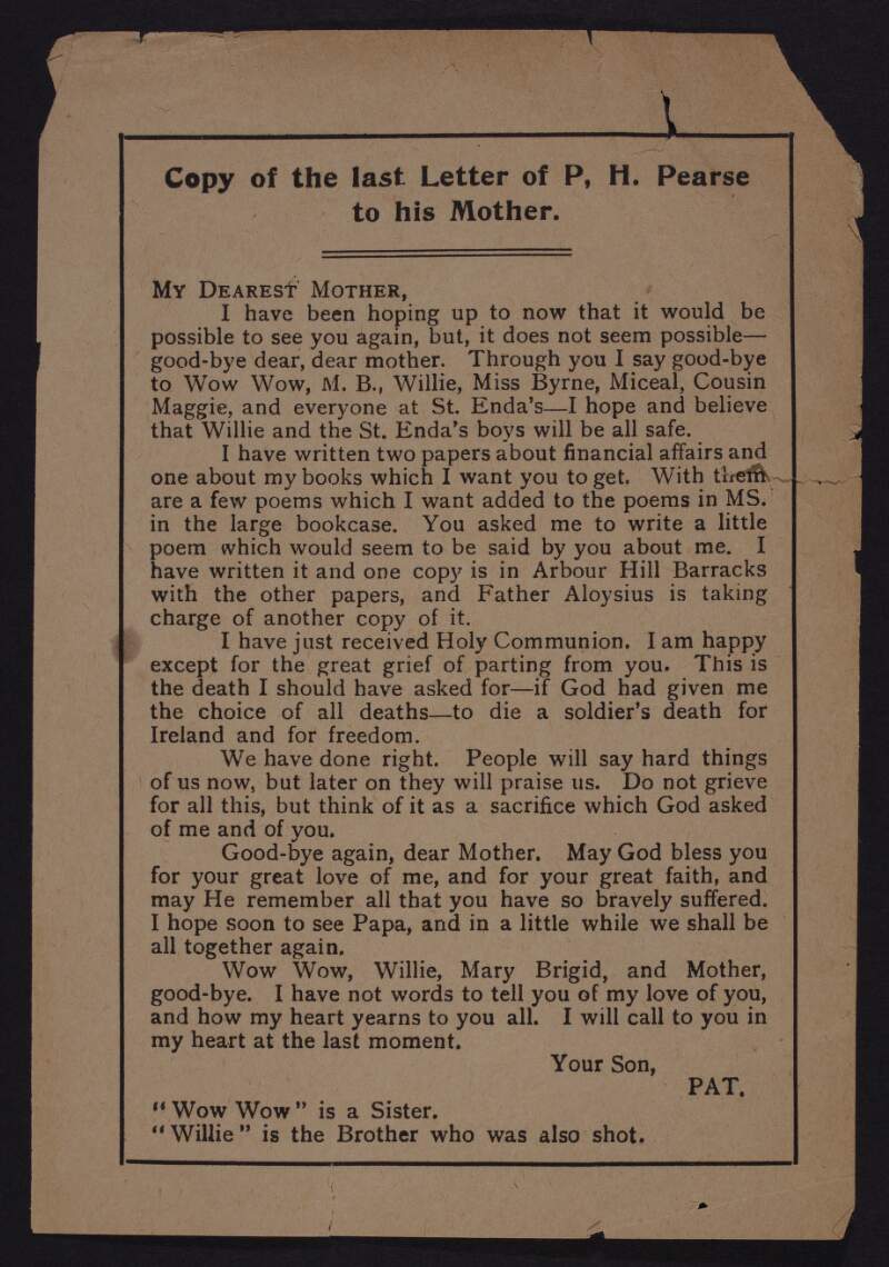Copy of the last letter of P.H. Pearse to his mother : my dearest Mother /