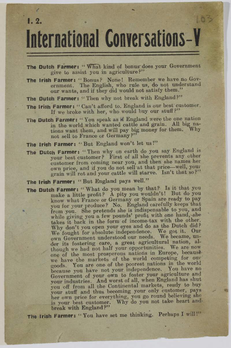 International conversations - V. [Dialogue between the Dutch farmer and The Irish farmer on the position of agriculture under The British rule]