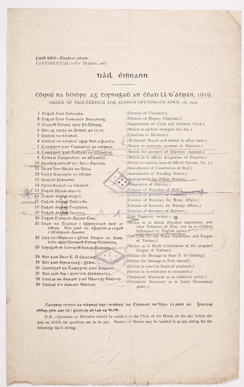 Dáil Éireann. Cóiriú na hOibre ag tornughadh an chéad lá d'Abrán, 1919