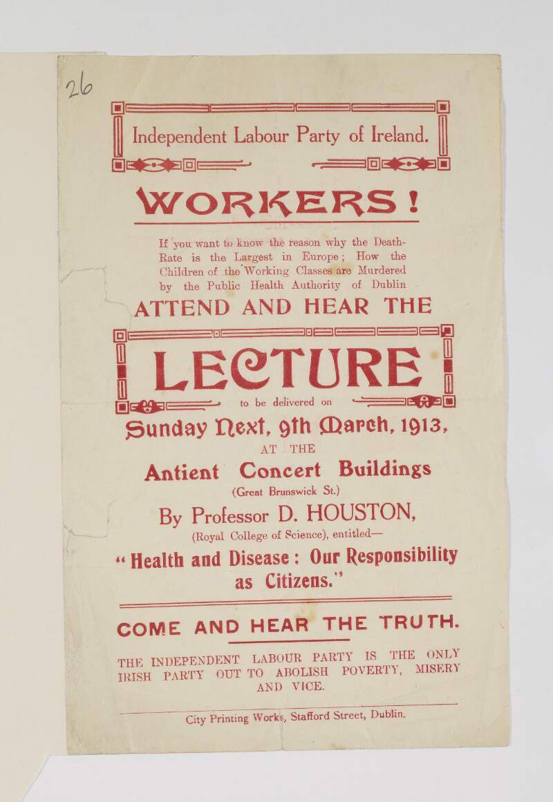[Handbill advertising a lecture on Sunday, 9th March, 1913 at the Antient Concert Rooms by Professor D. Houston].