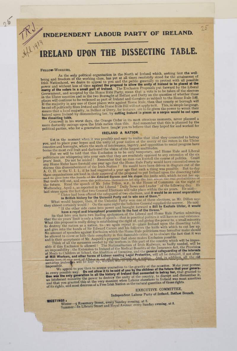 Ireland upon the dissecting table. : [Handbill attacking the right of Ulster unionists to vote the province out of the Home Rule bill].
