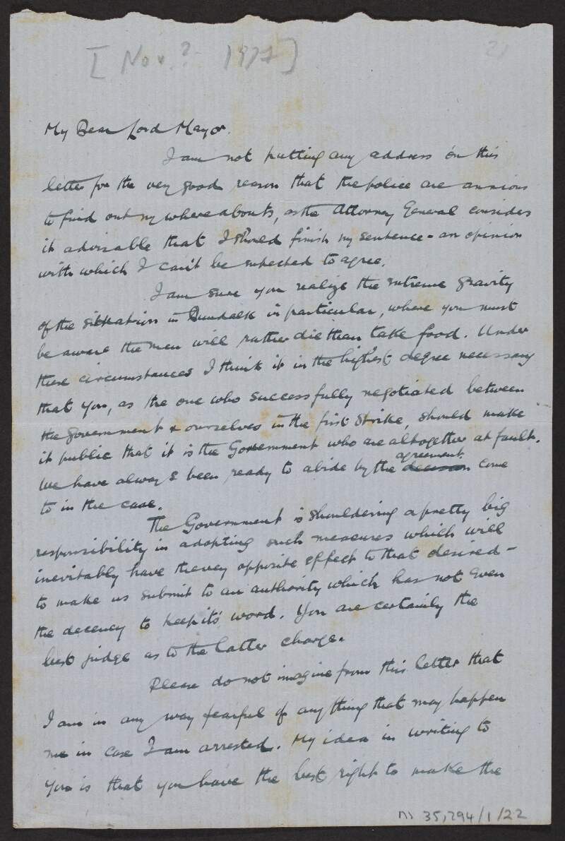 Letter from Joseph MacDonagh to Laurence O'Neill, Lord Mayor of Dublin, seeking the Lord Mayor's assistance in changing the rules of Dundalk Prison to end the hunger strike there,