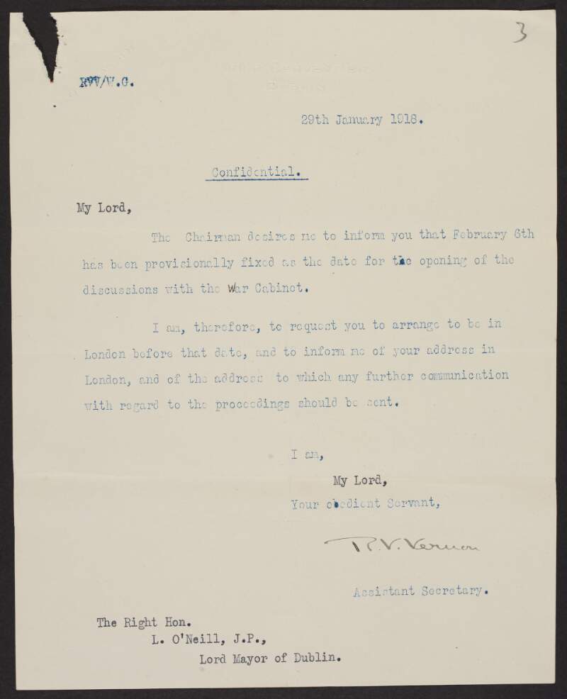 Letter from Irish Convention to Laurence O'Neill, Lord Mayor of Dublin, asking if the Lord Mayor would be available for a meeting with the War Cabinet,