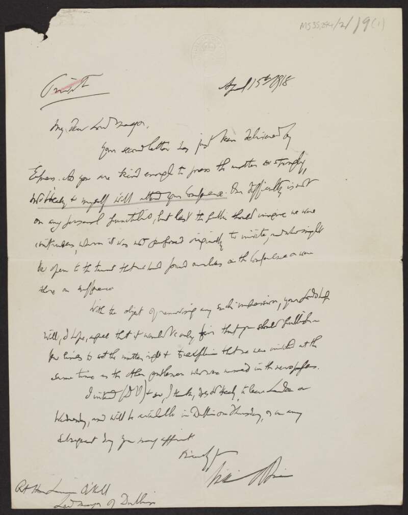 Letter from William O'Brien to Laurence O'Neill, Lord Mayor of Dublin, stating that O'Brien and Timothy M. Healy will attend the Mansion House Conference,