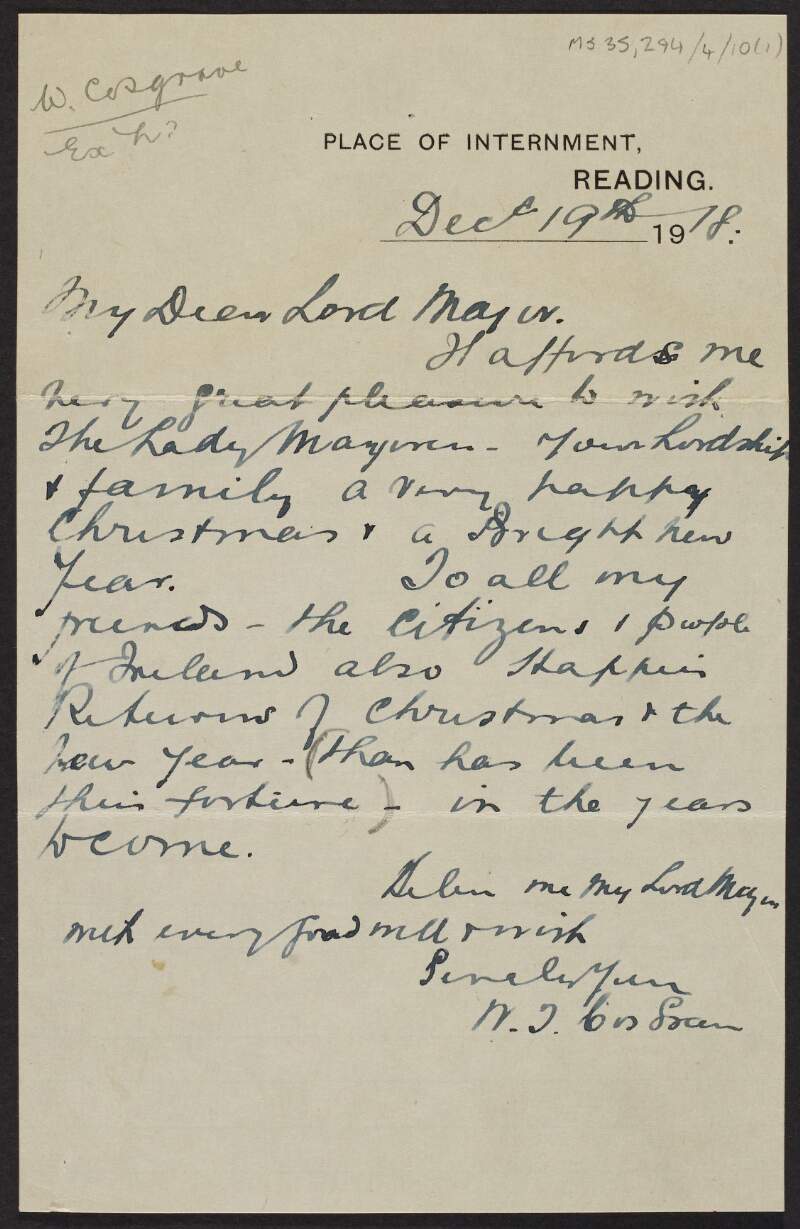 Letter from W. T. Cosgrave to Laurence O'Neill, Lord Mayor of Dublin, from Reading Prison, extending his Christmas greetings,