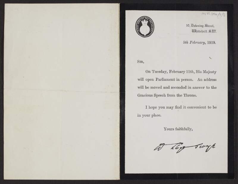 Circular letter from David Lloyd George to Laurence O'Neill, Lord Mayor of Dublin, inviting O'Neill to the opening of Parliament by King George V,