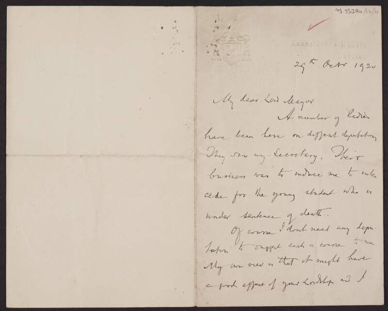 Letter from William J. Walsh, Archbishop of Dublin, to Laurence O'Neill, Lord Mayor of Dublin, suggesting a joint approach to the Lord Lieutenant or Chief Secretary on behalf of Kevin Barry,