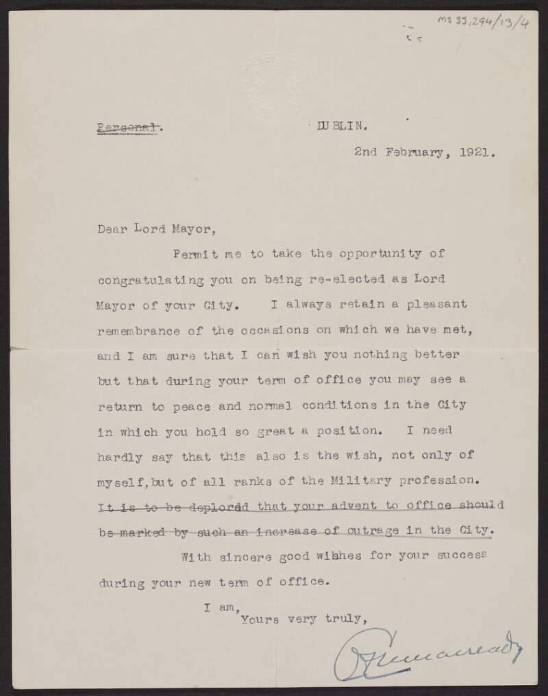 Letter from General Sir Nevil Macready to Laurence O'Neill, Lord Mayor of Dublin, congratulating O'Neill on being re-elected as Lord Mayor of Dublin,
