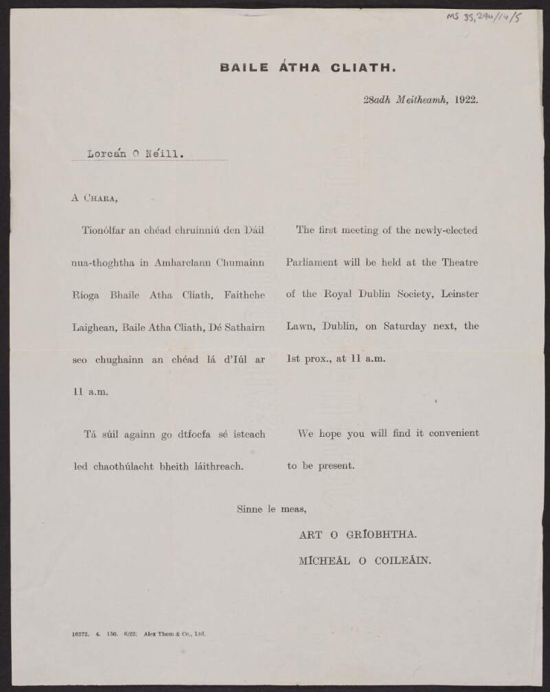 Invitation from the Provisional Government of Ireland to Laurence O'Neill, Lord Mayor of Dublin, to attend the first meeting of the newly elected Parliament in the Theatre of the Royal Dublin Society,