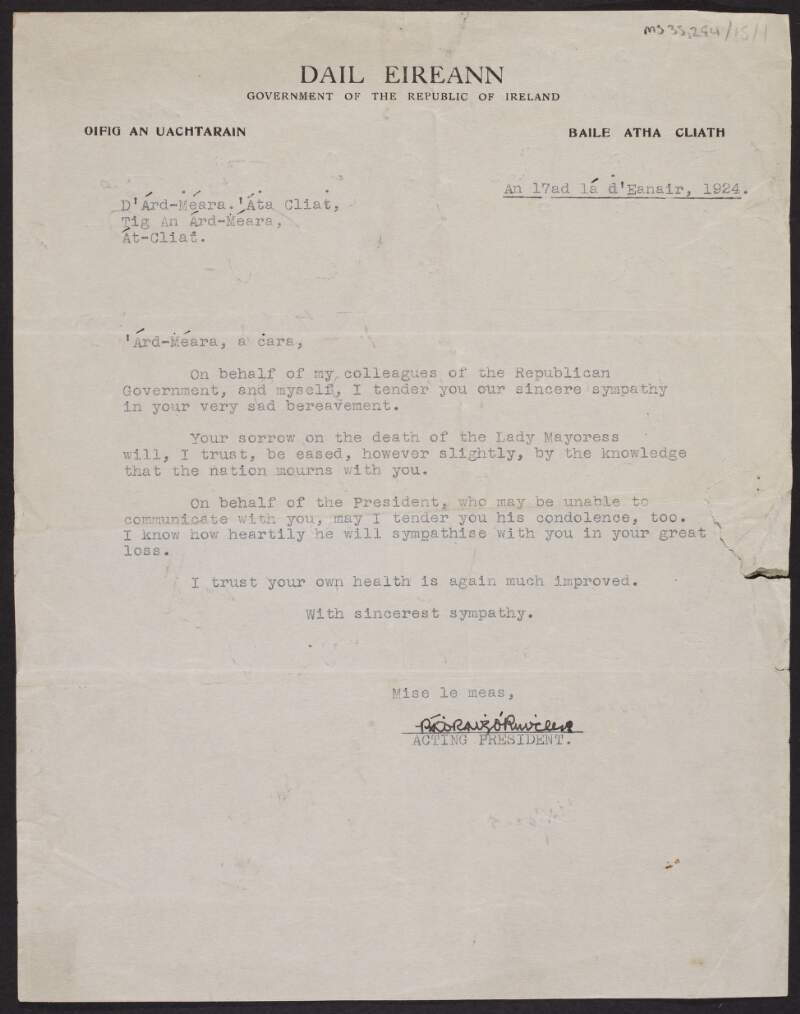Letter from Dáil Éireann (Republican) to Laurence O'Neill, Lord Mayor of Dublin, expressing sympathy on the death of O'Neill's wife,