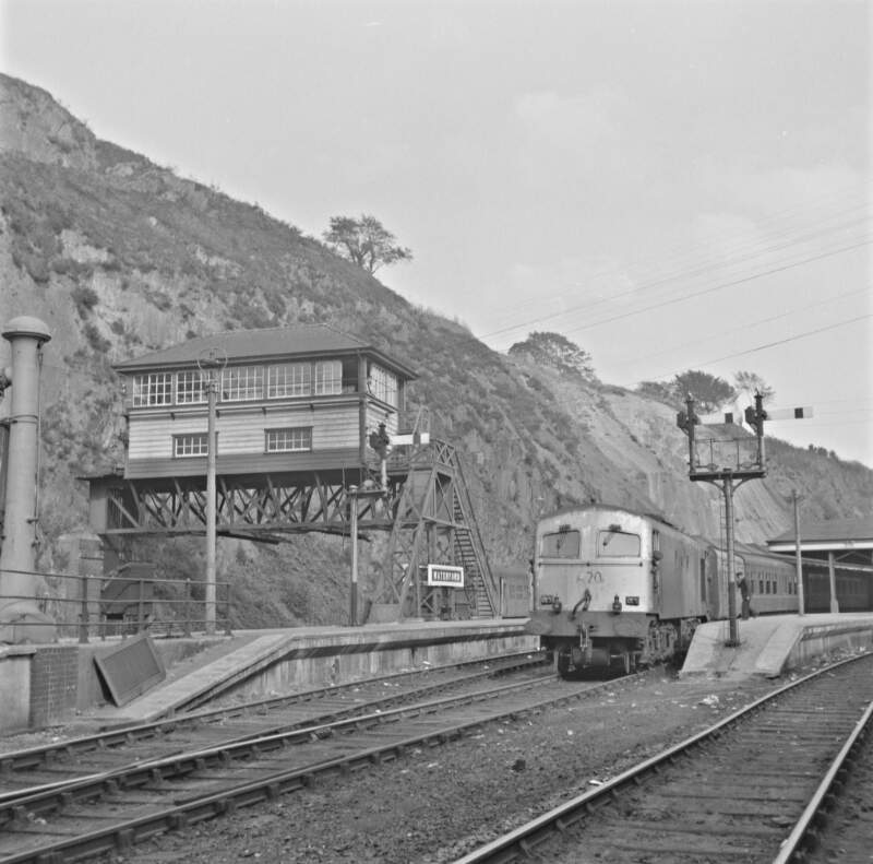 [Train in front of signal cabin at Waterford Central station, Waterford]