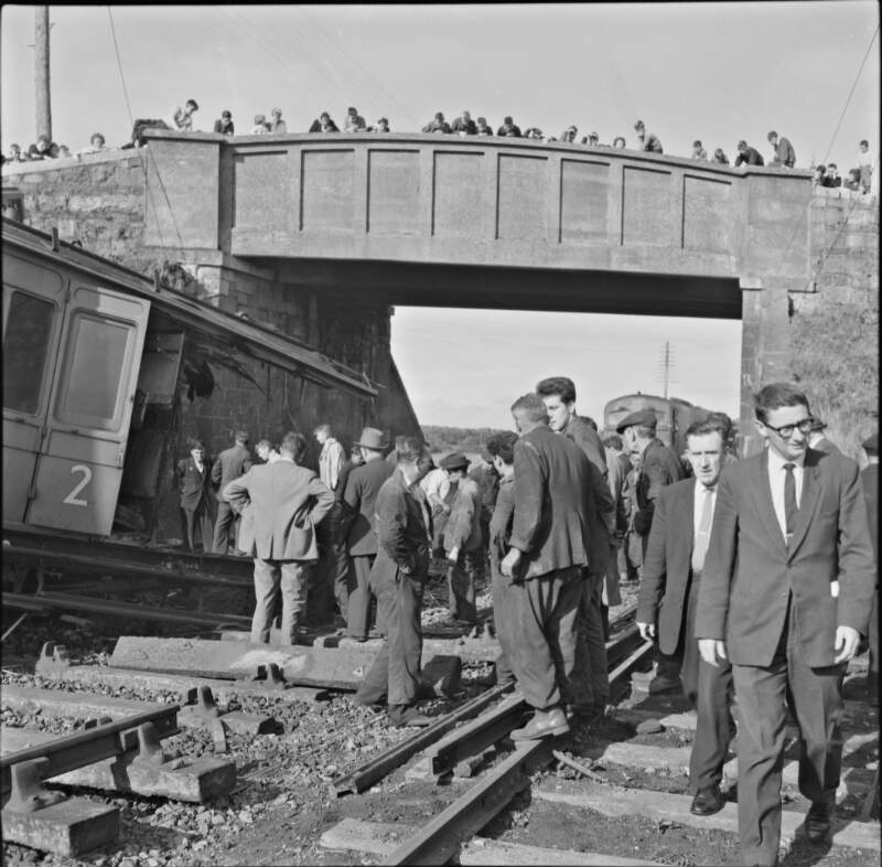 [Aftermath of a train crash with crowds of people viewing the wreckage, Newbridge, Co. Kildare]