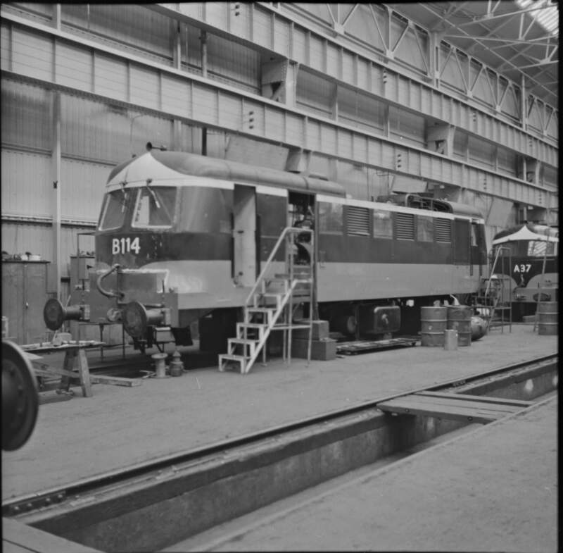 [B114 and A37 train carriages in the workshop at Inchicore Works, Dublin]