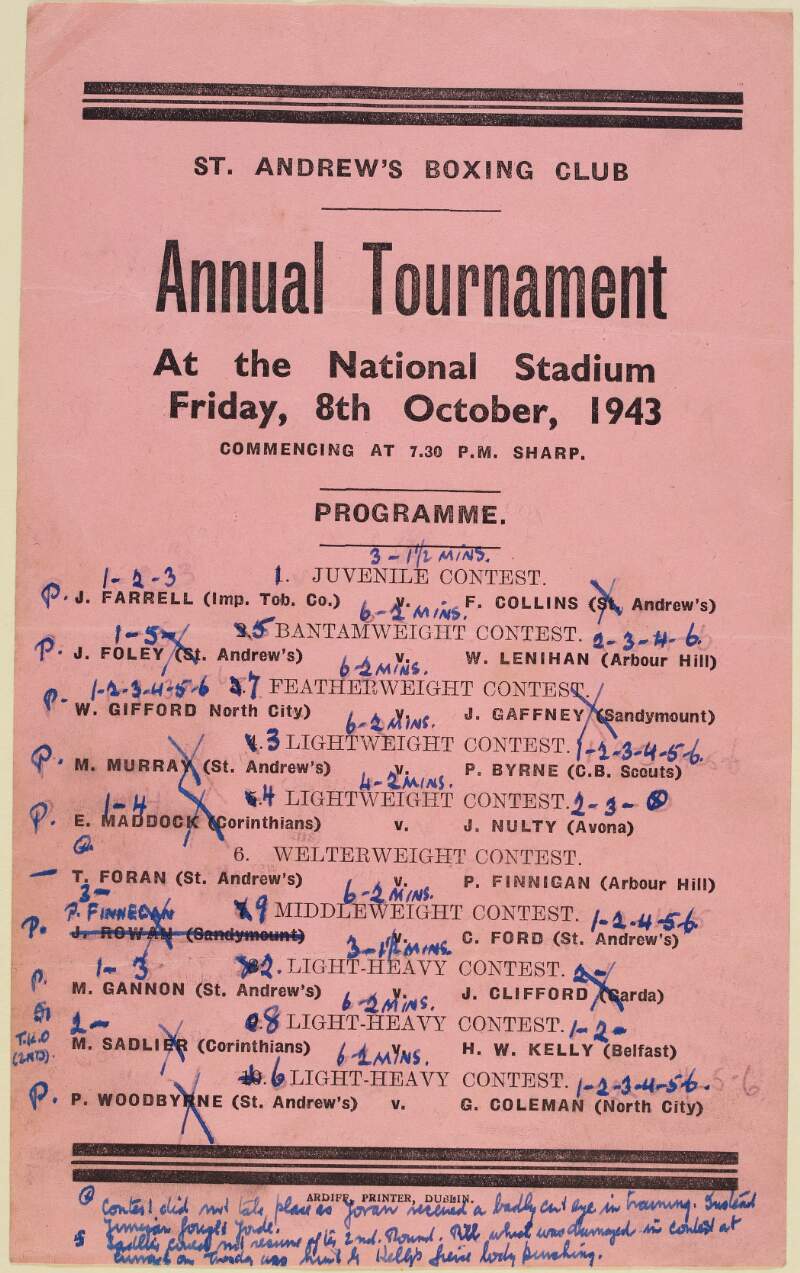 St. Andrew's boxing club : annual tournament at the National Stadium Friday, 8th October 1943 commencing at 7.30 pm sharp...