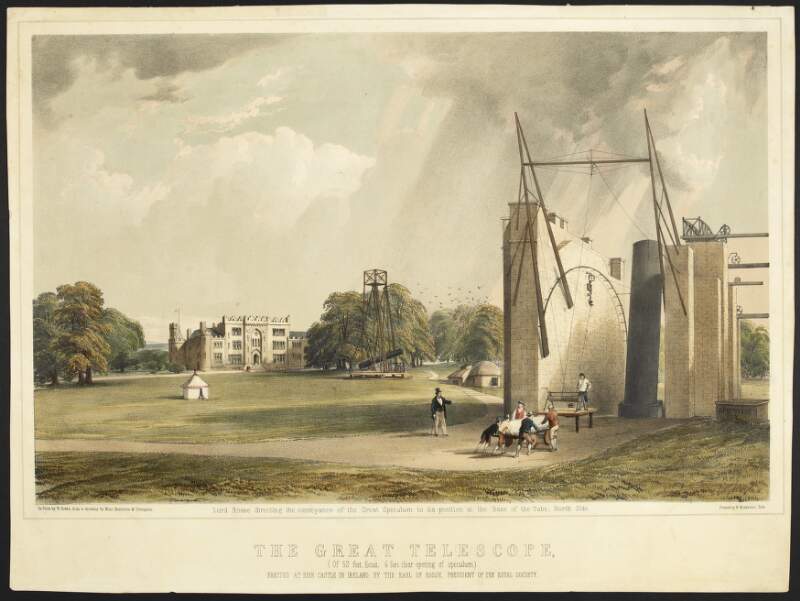 The great telescope (of 52 feet focus. 6 feet clear opening of speculum) erected at Birr Castle in Ireland, by the Earl of Ross, President of the Royal Society Lord Rosse directing the conveyance of the great speculum to its position at the base of the tube, north side /