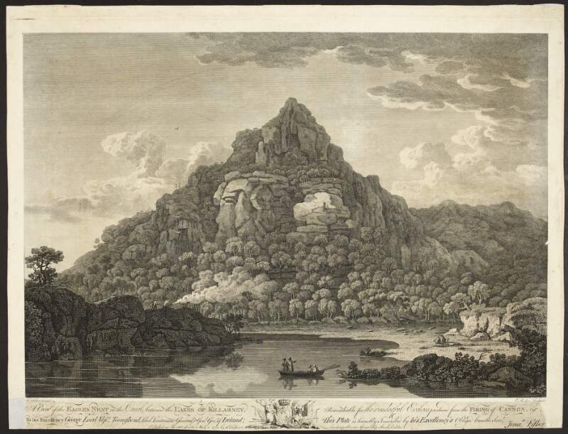 A View of the Eagles Nest on the Canal, between the Lakes of Killarney. Remarkable for the wonderful Ecchoes [sic] produced from the Firing of Cannon, &c. to his Excellency George Lord Visct. Townshend, Lord Lieutenant General & Genl. Govr. of Ireland; This Plate is humbly Inscribed by his Excellency's Obliged humble Servt. Jonan. Fisher. /