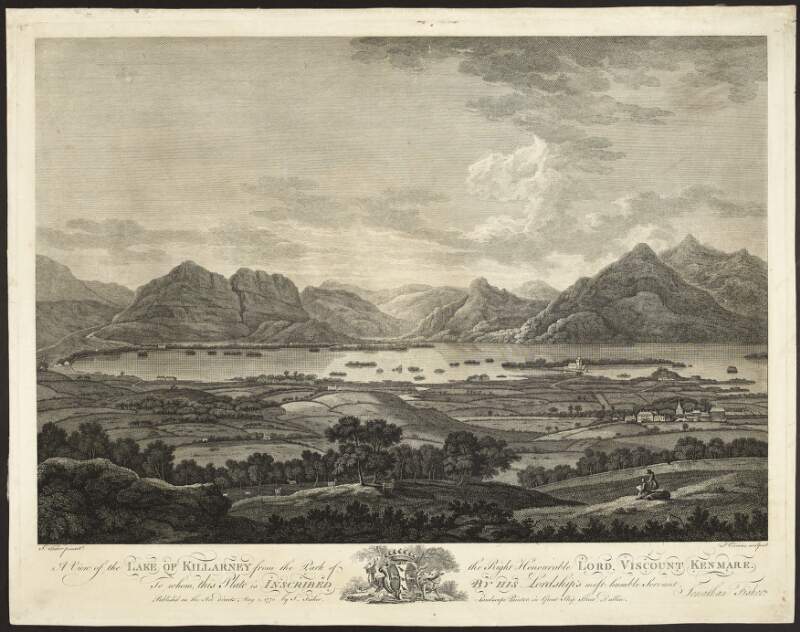 A View of the Lake of Killarney from the Park of the Right Honourable Lord Viscount Kenmare. To whom this Plate is Inscribed by his Lordship's most humble Servant Jonathan Fisher /