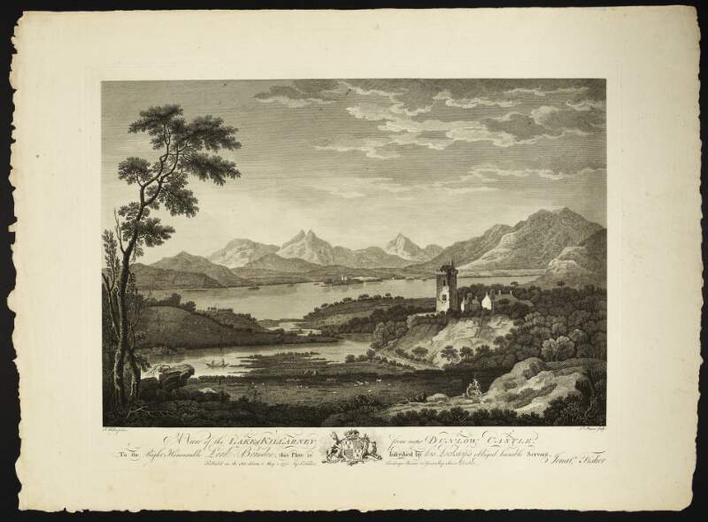 A view of the Lake of Killarney from near Dunlow Castle To the Right Honourable Lord Branden, this plate is inscribed by his Lordship's obliged humble servant, Jonatn. Fisher. /