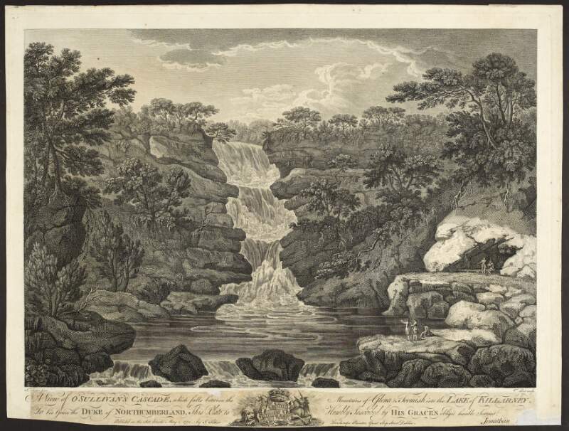 A view of O'Sullivan's Cascade, which falls between the mountains of Glena & Toomish into the Lake of Killarney To his Grace the Duke of Northumberland, this plate is humbly inscribed by His Grace's obliged humble servant , Jonathan Fisher /