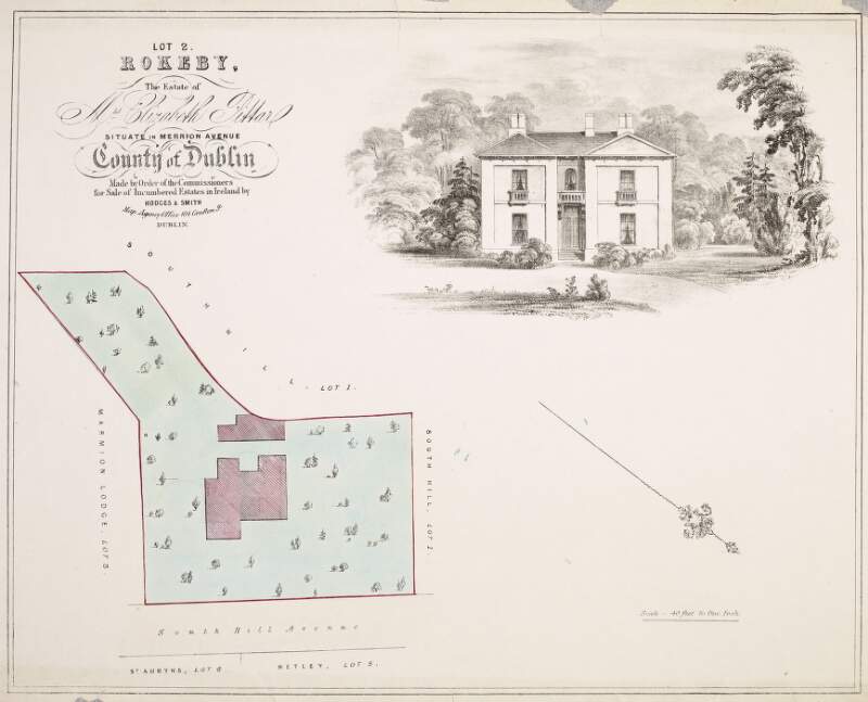 Lot 2. Rokeby. The Estate of Mrs. Elizabeth Pittar. Situate in Merrion Avenue County of Dublin. Made by Order of the Commissioners for Sale of Incumbered Estates in Ireland by Hodges & Smith Map Agency-Office, 104 Grafton St., Dublin.